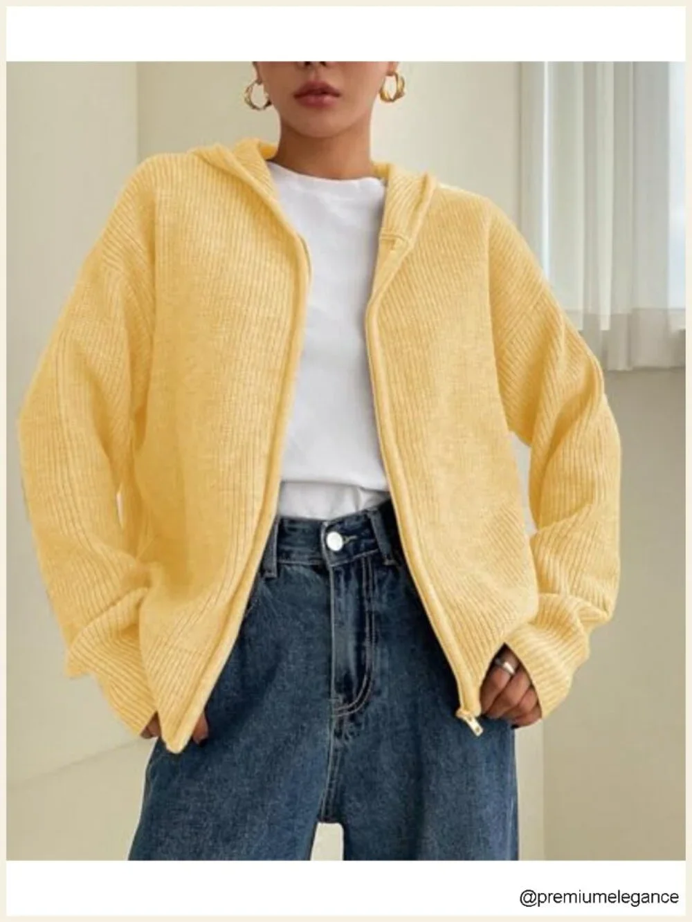 Zip Up Hooded Cardigan Sweater Knit Drop Shoulder Long Sleeve Fall Winter